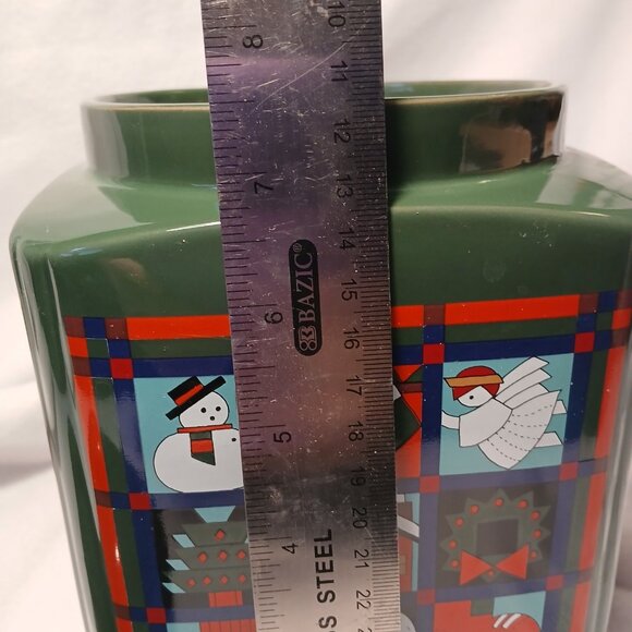 Dayton Hudson Green Christmas Cookie Jar Quilt Blocks Vintage Ceramic 9 3/4" - Picture 10 of 12